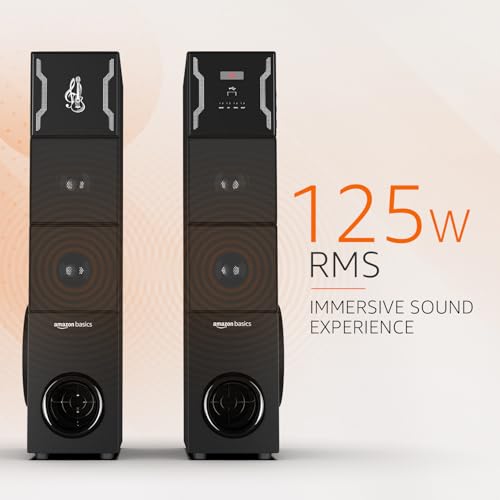 Image of Amazon Basics 2.0CH 125W Multimedia Tower Speakers with Wireless Microphone, Multi-Connectivity Option with Supporting USB, AUX, FM, Mic (Black)
