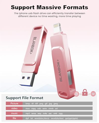 Image of MFi Certified 256GB Flash Drive for iPhone Photo Stick, USB Memory Stick iPhone Flash Drive for Photos Videos, High Speed External Storage USB Stick Thumb Drive for iPhone /iPad /Android /PC(Rose Pink)