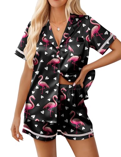 Image of Ekouaer Womens Silk Pajama Sets Button Up Satin Pjs Short Sleeve 2 Piece Pj Sets Cute Lounge Sets with Chest Pocket
