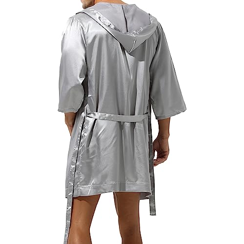 YiZYiF Men's Silk Satin Hooded Robe Kimono Bathrobe PJ Set Classic Sleepwear Loungewear with Belt2