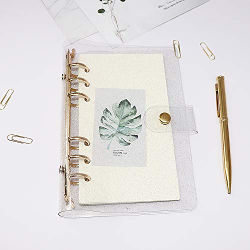 Image of A6 Glitter Powder PVC Binder Cover 6 Gold Round Ring Binders Snap Button Closure Loose Leaf Folders Refillable Soft PVC Notebook Shell Protector