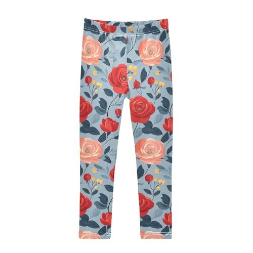 Floral Pattern Red Roses Kids Girl's Active Leggings Stretchy Full Length Yoga Pants Sports