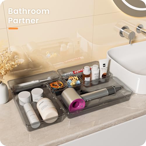 Image of A-LuGei 【Military Grade Drawer Organizer, 【𝟱𝗦𝗶𝘇𝗲】 Makeup organizer, 【Holds 177 Items】 Bathroom Organizers and Storage, Organization and Storage, Desk Drawer Organizer for Vanity (Clear Black)