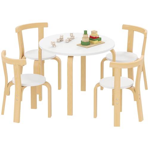 AIYAPLAY Juego de mesa y sillas para niños de 3 a 8 años 5 piezas con bordes redondeados y superficies de colores, Mesa y sillas para niños de madera blanca