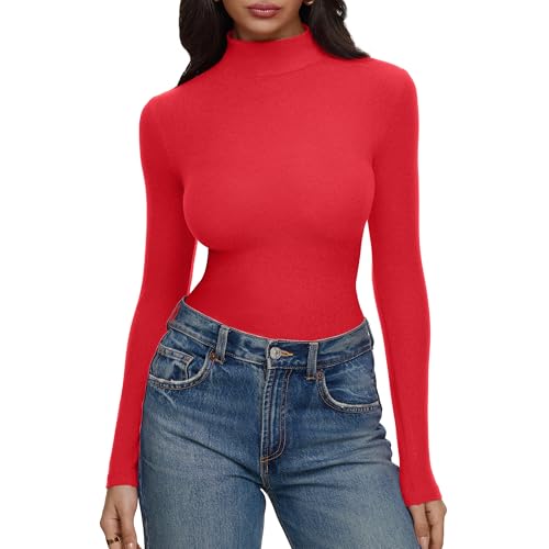 REORIA Women’s Turtleneck Tops Slim Basic Mock Neck Long Sleeve Shirts 2025 Winter Christmas Layering Outfits Red Medium