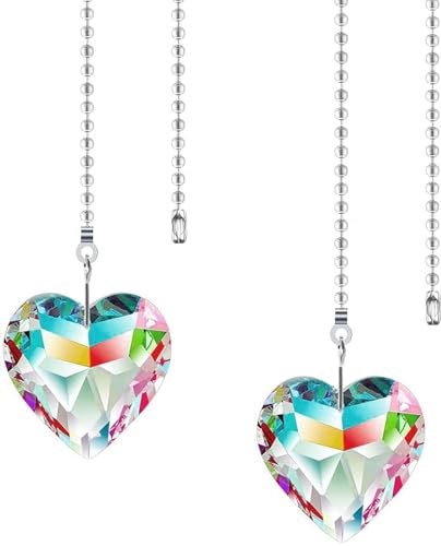 Image of 2Pcs Crystal Ceiling Fan Pull Chain Extender with Connector, 12 inch | K9 Crystal Glass, Not Acrylic, Heart Prism, Cut-To-Length Adjustable, Snap-On Connector For Fan, Light, Lamp (AB COLOR)