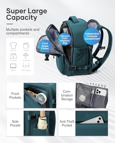 Image of Small Vacpack Backpack with Vacuum Seal Backpack Travel Air Back Backpacks with Pump Travel Backpacks Compression Bag Men Carry On Bag Flight Approved Women Weekender Hiking Work Daypack Peacock Blue