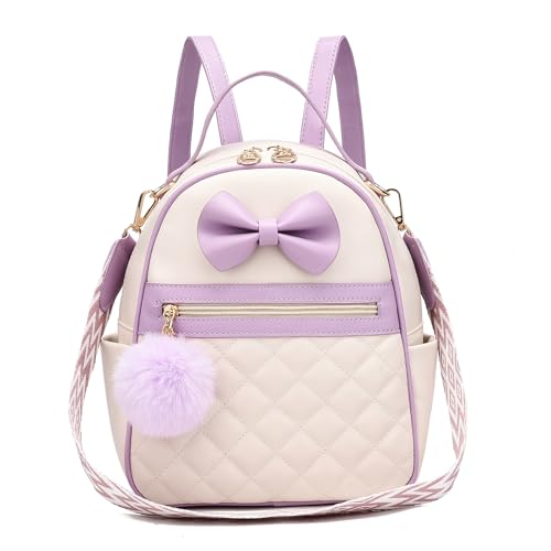 I IHAYNER Cute Little Backpack Purse with Bow Mini Backpack Fashion Vegan Leather Pompom Backpack Shoulder Bag for Girls Purple