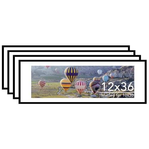 JCJMY 12x36 Picture Frame with 10x30 Mat Set of 4, Display Photo 10x30 with Mat or 12 x 36 Without Mat, Wall Hanging Large 12 by 36 Poster Frame with Plexiglass, 4 Pack, Black