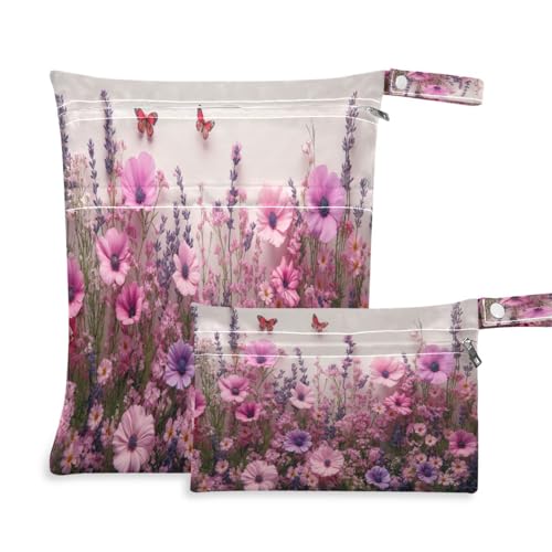 ATTX Pink Wild Flowers Wet Dry Bags 2-Pack - Reusable Cloth Diaper Storage for Travel, Beach & Gym | Multi-Use Waterproof Bags for Swimsuits, Baby Clothes, Sports Gear#255