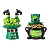 Glitzhome Set of 2 St Patrick's Resin Pot of Gold & Leprechaun Hat Table Decor, Happy St. Patrick's Day Collectible Figurines Decoration with Luck of The Irish Lettering, Shamrocks & Gold Coins