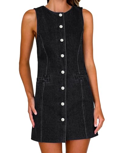 Women's Denim Dress Jean Sleeveless Button Down Shirt Mini Tank Casual Summer Dresses with Pocket 2025 Trendy Outfits