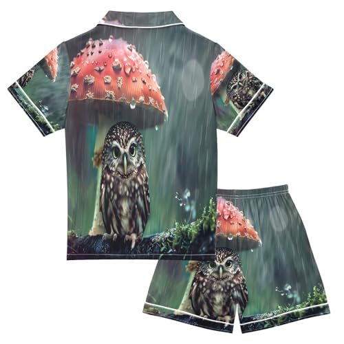 ALAZA Owl Bird Mushroom Satin Pajamas Set Short Sleeve Button Down Sleepwear Summer Pjs 2 Piece2