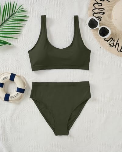 Image of Tempt Me Women Two Piece Scoop Neck Bikini Crop Top High Cut Swimsuit Sporty High Waisted Bathing Suit with Bottoms