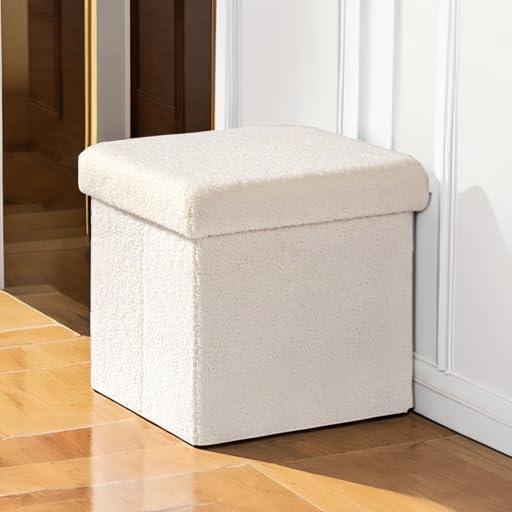 B FSOBEIIALEO Small Storage Ottoman Cube Sherpa Ottomans Foot Rest, Foldable Boucle Ottoman, Faux Teddy Fur, Cream White 12.6"x12.6"x12.6" - Image 6