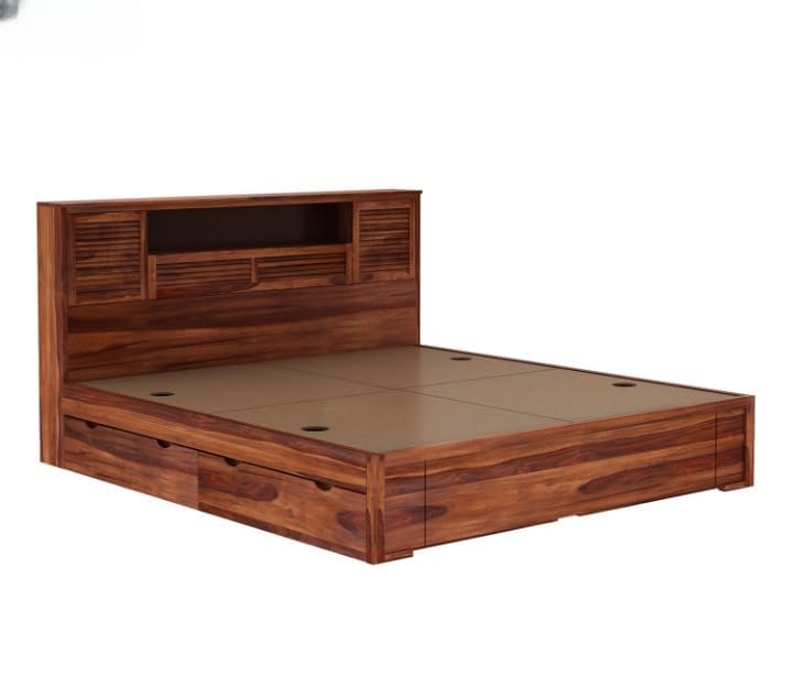 Image of Solid Sheesham Wood Bed with Storage | Wooden Bed with Drawer Storage & Designer Headboard | Strong & Durable Bed Frame for Bedroom Home & Hotel (Honey Finish, King)