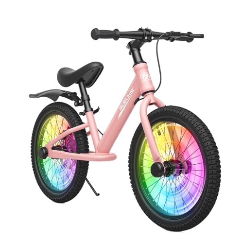 Bueuwe 16 Inch Balance Bike for Big Kids, Disc Brake, Adjustable Seat, Carbon Steel Frame, Flashing Wheel Hubs & Colorful Spokes, No Pedal Bicycle for Boys & Girls Learning to Ride (Pink)