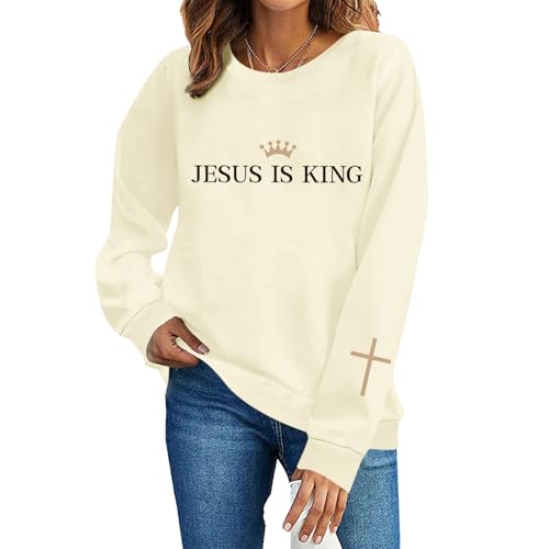 Sulayesh Jesus Is King Sweatshirt for Women Christian Cross Faith Hoodie God Religious Bible Verse Graphic Long Sleeve ShirtApricot L
