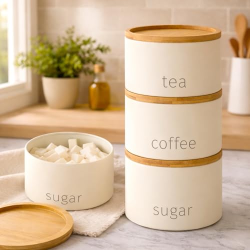 SAFRI Set of 3 Canisters with Wooden Lids for Tea, Coffee, and Sugar - Kitchen Storage Jars (Cream) - Image 2