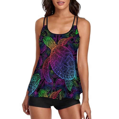Tortues colorées femme maillot de bain tankini imprimé exotique et shorty confortable