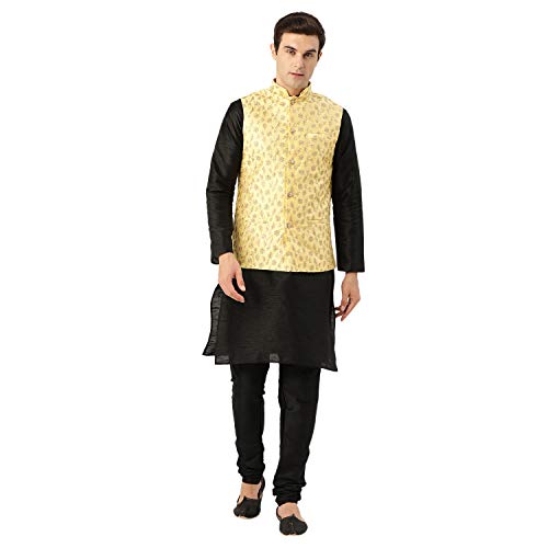 Image of SOJANYA (Since 1958 Men's Cotton Linen Maroon Kurta and White Pyjama with Mustard Cotton Nehru Jacket