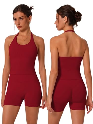 Image of ABOCIW Workout Sets for Women 2 Piece seamless Halter Sports Bra Scrunch Butt Impact Shorts Gym Yoga Outfits