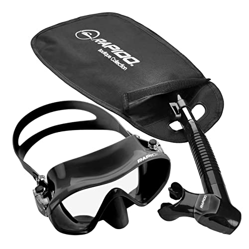 Rapido Boutique Collection Italian Design Premium Tempered Glass Lens Anti-Fog Panoramic View Frameless Snorkel Mask, Elite Dry Snorkel Tube, Quick Adjust Fins - Mask Fin Snorkel Set #TOP2
