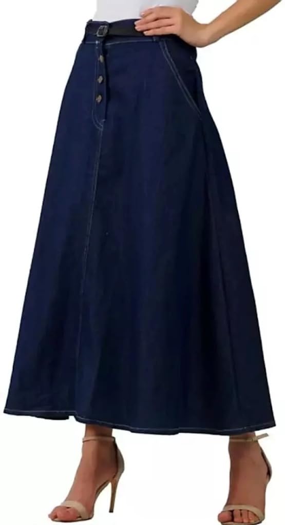 Navy Blue Side Pocket Buttoned A-Line Maxi Denim Skirt-image-23