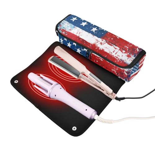 Bolsa de viaje para herramientas de cabello con alfombrilla removedora resistente al calor y soporte para planchas, rizadores, secador y cepillos con diseño de bandera americana miniatura 2