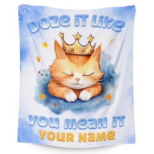 Custom Cat Blanket, Cute Soft Throw Gifts for Women, Cozy Flannel Throw Blankets for Bed Living Room, Light Blue 60"x80"