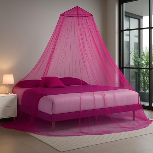 Image of Polyester Hanging Round Mosquito Net for Double Bed, King Size Bed (Dark Pink)