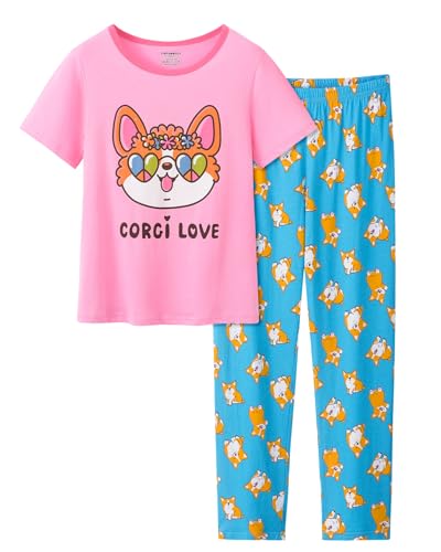 Pajamas for Girls Cute Unicorn Pants and Short Sleeve Tee Big Kids Cotton Sleepwear Set Size 6-16