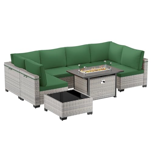 Image of Outdoor PE Wicker Rattan Modular Patio Sectional Sofa Set | 8-Piece: 6 Modular Seats, Coffee Table & 55,000 BTU Fire Pit Table, Dark Green