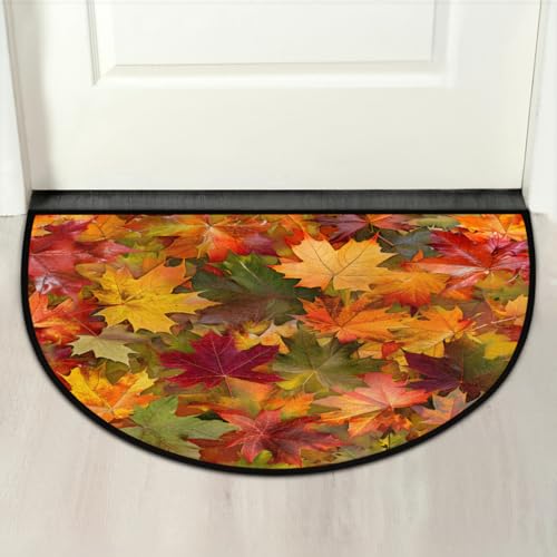 Image of cfpolar Half Round Door Mat Fall Maple Leaves Yellow Non-Slip Semi Circle Area Rug Washable Half Moon Hearth Rugs for Indoor Outdoor Bathroom Kitchen Patio Runner Mat Laundry Room Home Decoration