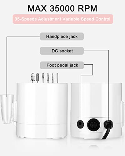 Fresa per Unghie Professionale, Lima per Unghie Elettrica 35000RPM, Set Manicure Elettrico con Pedale e 6 Fresa, Macchina per Unghie Acriliche Gel, Nail Drill, Manicure e Pedicure Elettrico - 3