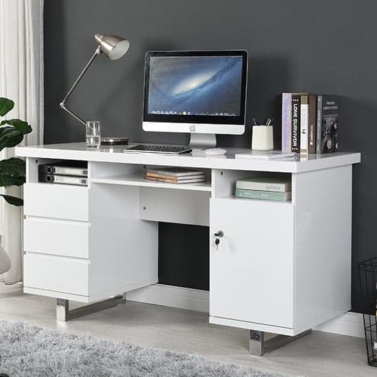 Image of Lakdi The Furniture Home and Office Modern High Gloss Computer Desk with Lockable Drawers and Storage, Writing Desk with Metal Leg and Integrated Open Shelves for White- 121534258