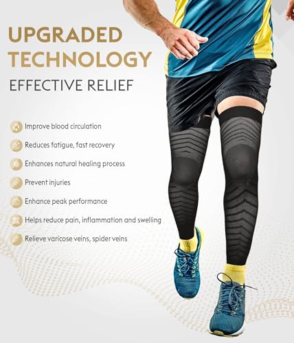 MGANG Full Leg Compression Sleeves for Men & Women, Thigh High 20-30mmHg Graduated Compression Stockings for Thigh Calf Knee Support, Pain, Swelling, Varicose Veins, Running, Sports, 1 Pair, Black L3