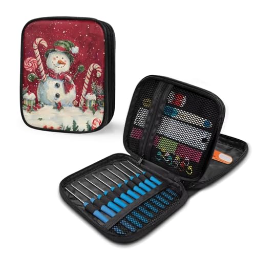 Image of Snowman Crochet Hook Case Portable Candy Knitting Needle Case with Web Pockets Crochet Storage Organizer Empty for Airports and Parks, Merry Christmas Decor