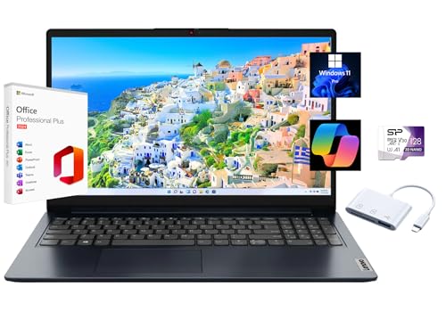 Lenovo IdeaPad 1 15.6" FHD Laptop, with Free Lifetime Microsoft Office 2024, AMD Ryzen 3 7320U, 4GB RAM, 256GB SSD, Windows 11 Pro, Abyss Blue, Wi-Fi 6, with 128GB SD Card & Docking Station