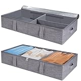 Dntorx 2 Pack 50L Under Bed Storage Box with Lid, Foldable Linen Storage Box with Sturdy Sidewalls/Bottom and Adjustable Dividers PVC Clear Lid 4 Handles for Clothes, Blanket, Bedding, Toys, Shoes