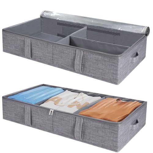 Dntorx 2 Pack 50L Under Bed Storage Box with Lid, Foldable Linen Storage Box with Sturdy Sidewalls/Bottom and Adjustable Dividers PVC Clear Lid 4 Handles for Clothes, Blanket, Bedding, Toys, Shoes