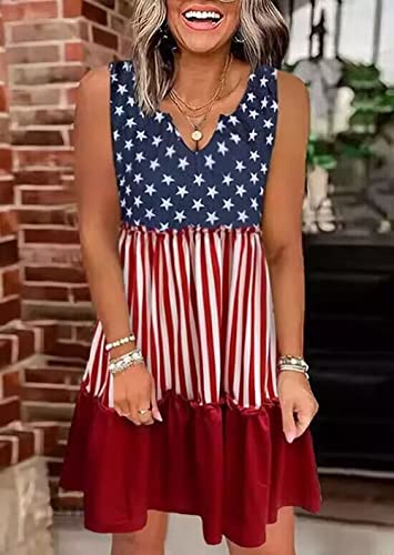 AIMITAG American Flag Star Vertical Striped Ruffled Mini Dress Womens 4th of July Patriotic Dresses Casual Color Block Dress2