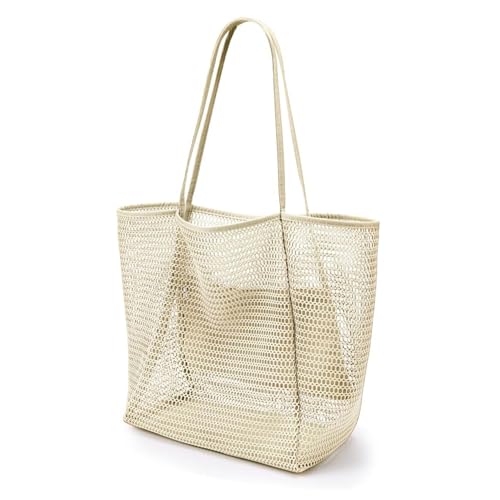 Beach Bags for Women, Summer Travel Mesh Tote Bag with Large Inner Pocket, Sandproof Woven Shoulder Handbag (Beige)