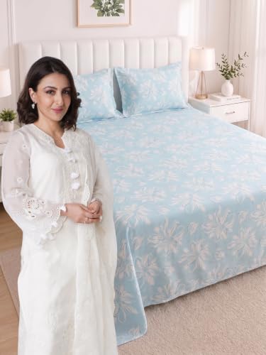Image of Mafatlal 186 TC Metro Cotton Double Bedsheet | 90 x 100 Inch | Soft Breathable Fabric with 2 Pillow Covers | Lightweight Daily Use Bed Sheet | Arctic Blue