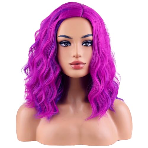 Image of BERON Hot Pink Mixed Purple Short Wave Wig for Women Girls Pink Shoulder Length Wavy Heat Resistant Synthetic Wig for Cosplay Costume Party or Daily