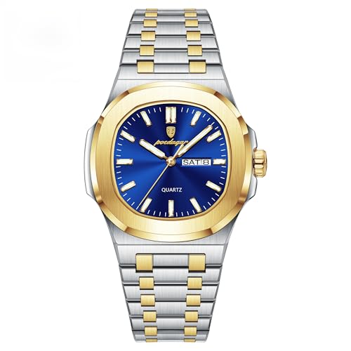 Poedagar Men's Quartz Watches Fashion Square Men Business Classic Clock Waterproof Luminous Date Week Stainless Steel Man Wristwatch (Gold Blue)