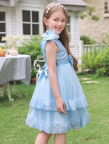AWIBMK Kids Baby Girls Bowknot Sequin Tulle Dress Tiered Tutu Flower Girl Birthday Wedding Party Pageant Dresses Blue 3-4 Years4