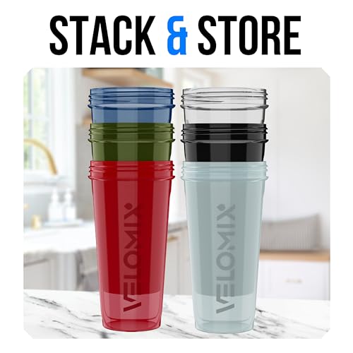 Image of VELOMIX -6 PACK- 28 oz Protein Shaker Bottle for Protein Mixes -6x Wire Whisk | Leak Proof Shaker Cups for Protein Shakes | Large, Stackable Protein Shaker Bottle Pack