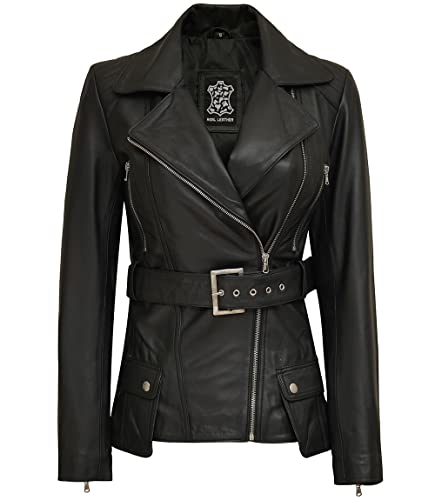 Fjackets Chaquetas de cuero para motocicleta para mujer - Chaquetas de cuero suave de piel de cordero real para mujer, Victoria Black, S