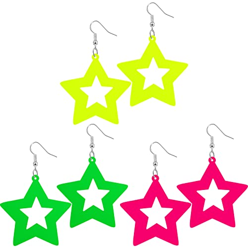 3 Pairs 80S Neon Earrings For Women Retro Pendant Acrylic Drop Dangle For 80'S Outfit Party Accessories (Star Style) #TOP21